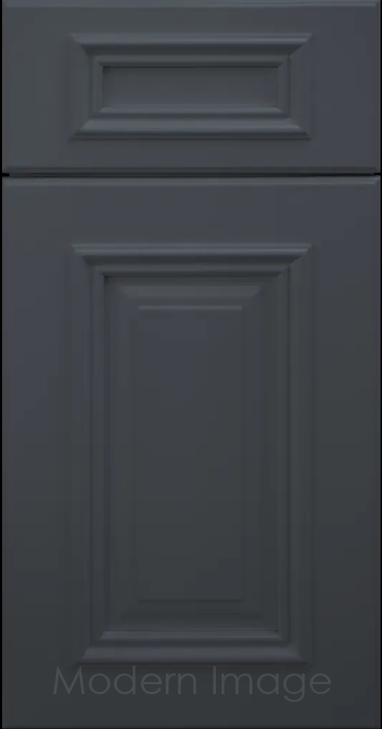 Hamilton cabinet door in Sea matte finish with double raised panel and mitered elevated molding.